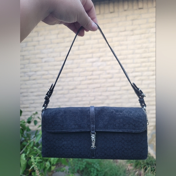 Metallic Shiny Black Coach Shoulder Bag - Picture 1 of 4
